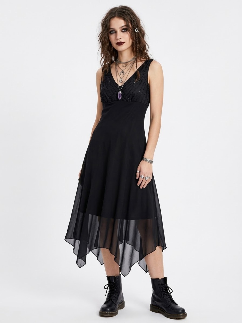 Y2K Whimsigoth Mesh Overlay Midi Dress Beaded Witchy Handkerchief Hem Vampire